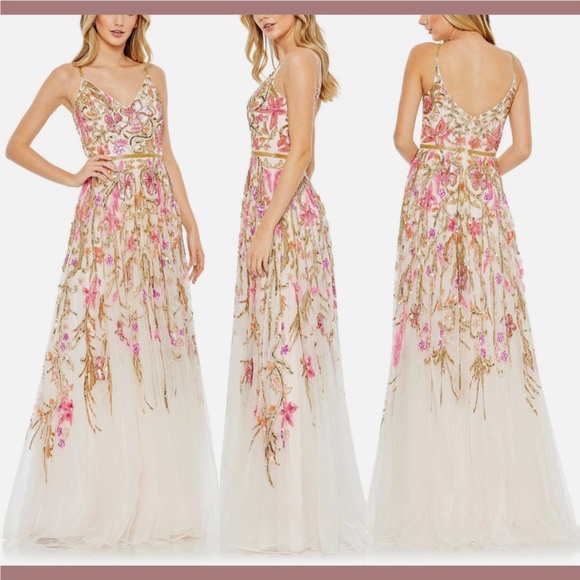 NWT $698 Mac Duggal [ 0 ] V Neck Floral Embellished Spaghetti Strap Gown Pink‎